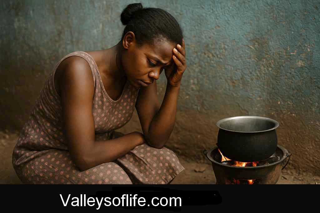 A young African mother sitting beside a charcoal stove in the early morning light, symbolizing quiet desperation and inner strength.