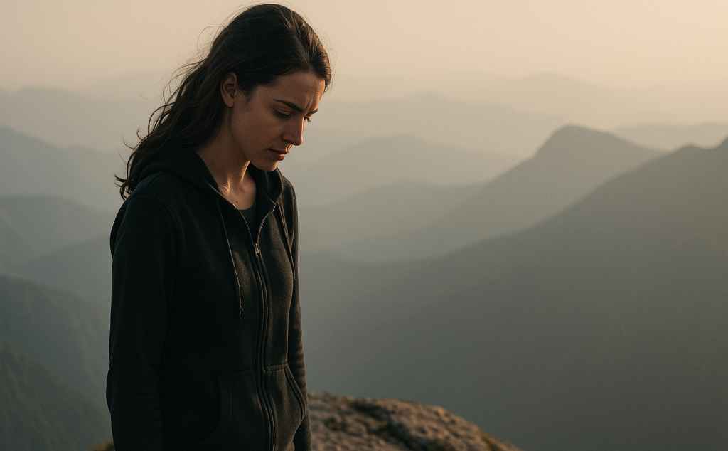 A thoughtful person standing at a mountain summit