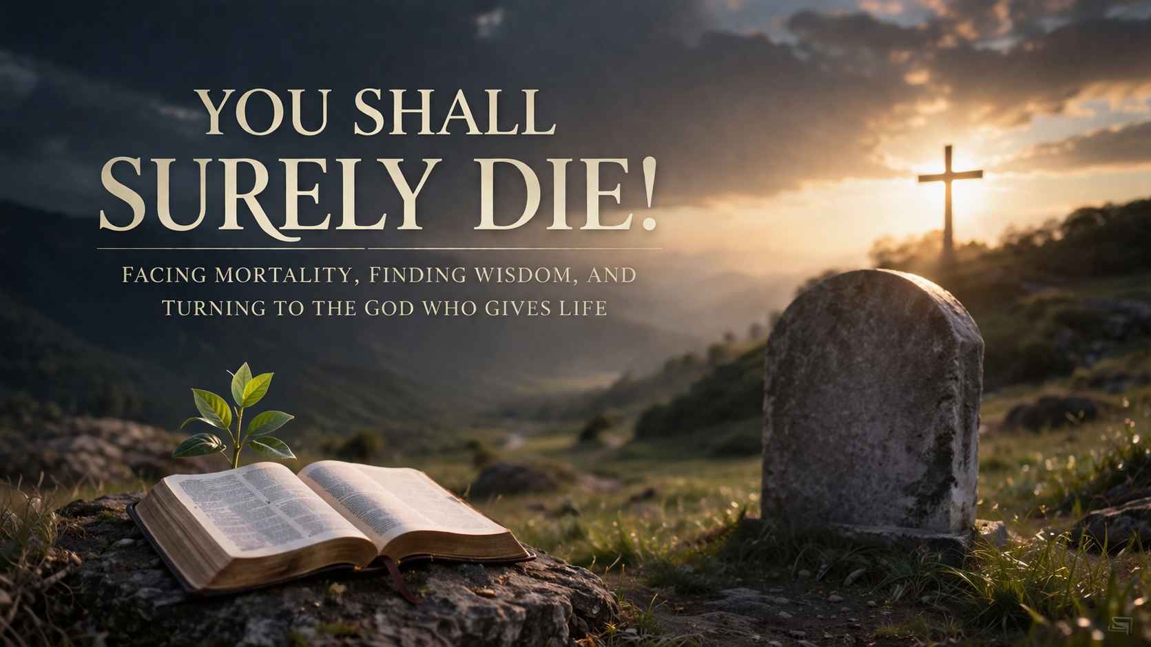 Cinematic Christian blog graphic showing an open Bible, a gravestone, a small green plant, and a cross in the distance at sunrise, with the words “You Shall Surely Die!”